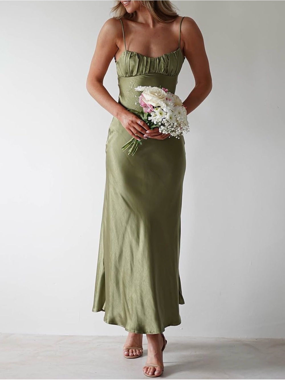 NWT Olive Green Satin Slip Dress with Spaghetti Straps